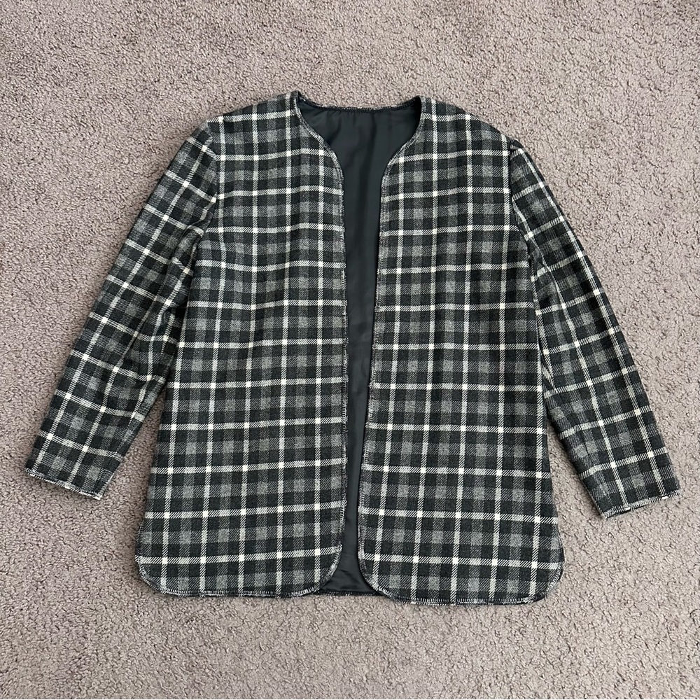 Gray Plaid Open Front Blazer Womens